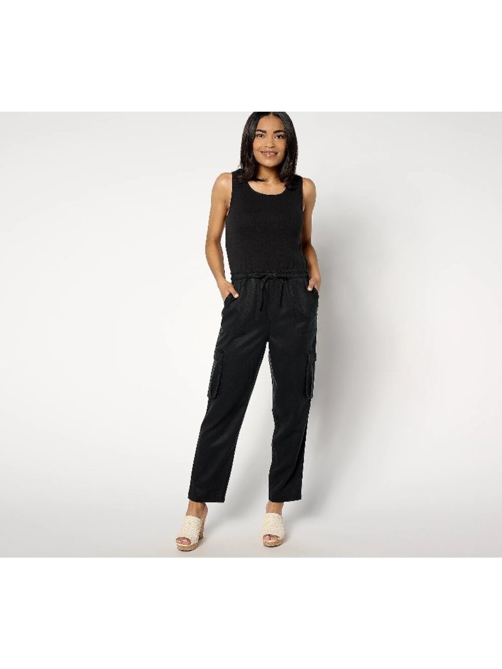 AnyBody Cargo Jumpsuit Size 1X Petite Mixed Media Black Grunge Goth Gorpcore NEW